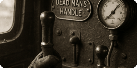 Dead man's switch pedal mechanism in locomotive cab showing digital legacy planning safety principle